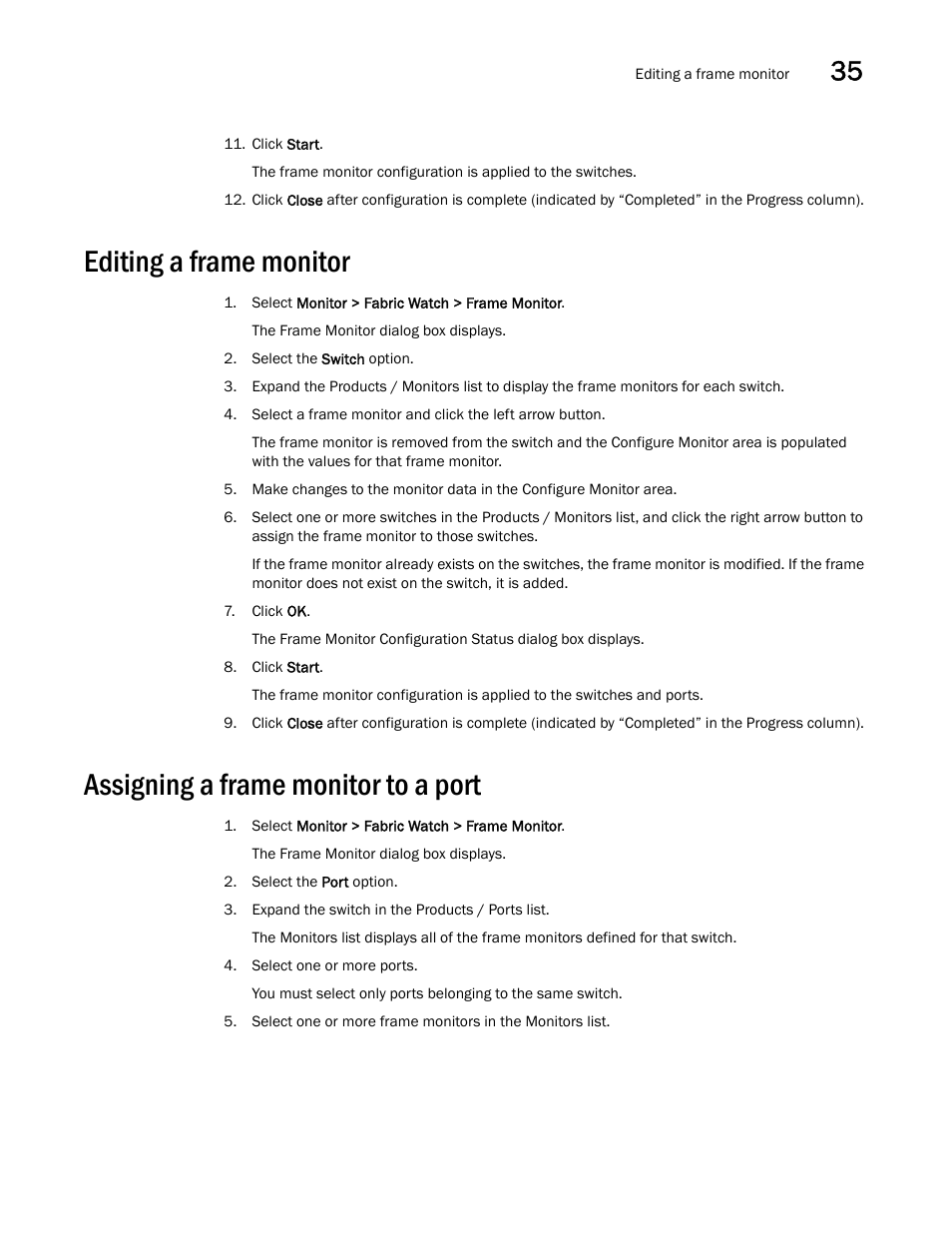 Editing a frame monitor, Assigning a frame monitor to a port, Editing a frame monitor 1 | Assigning a frame monitor to a port 1 | Brocade Network Advisor IP User Manual v12.3.0 User Manual | Page 1243 / 1928