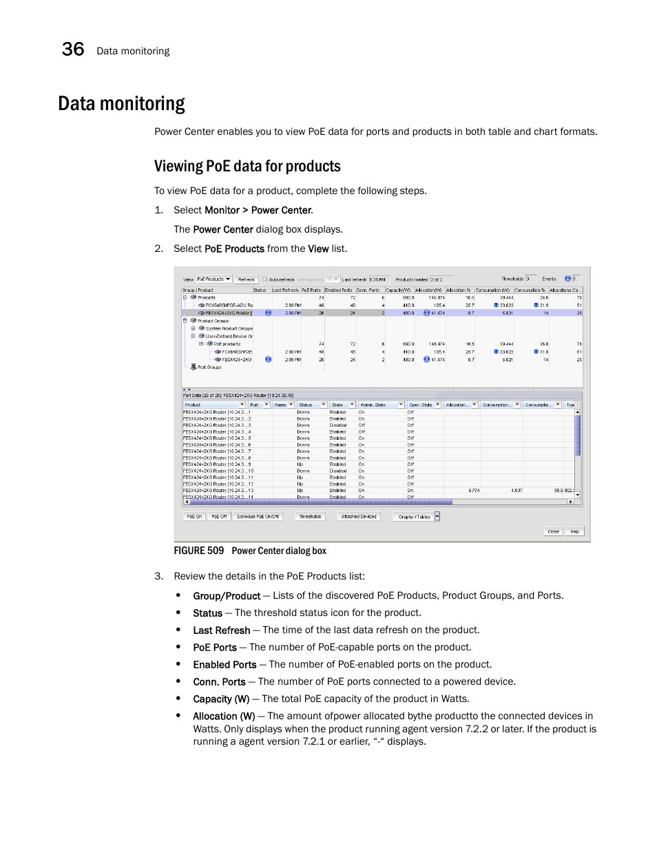 Data monitoring, Data monitoring 6, Viewing poe data for products | Brocade Network Advisor IP User Manual v12.3.0 User Manual | Page 1248 / 1928