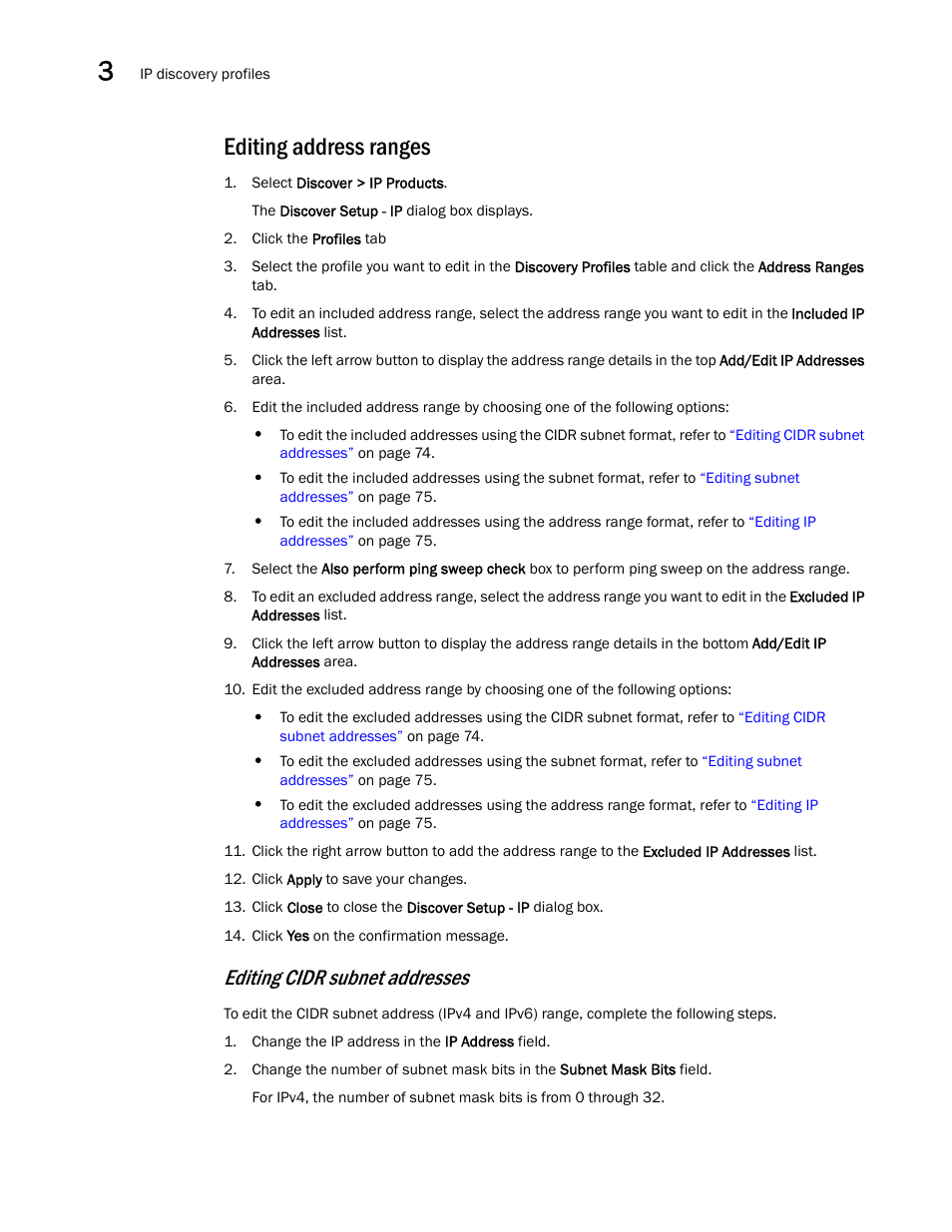 Editing address ranges, Editing, Address ranges | Editing cidr subnet addresses | Brocade Network Advisor IP User Manual v12.3.0 User Manual | Page 128 / 1928