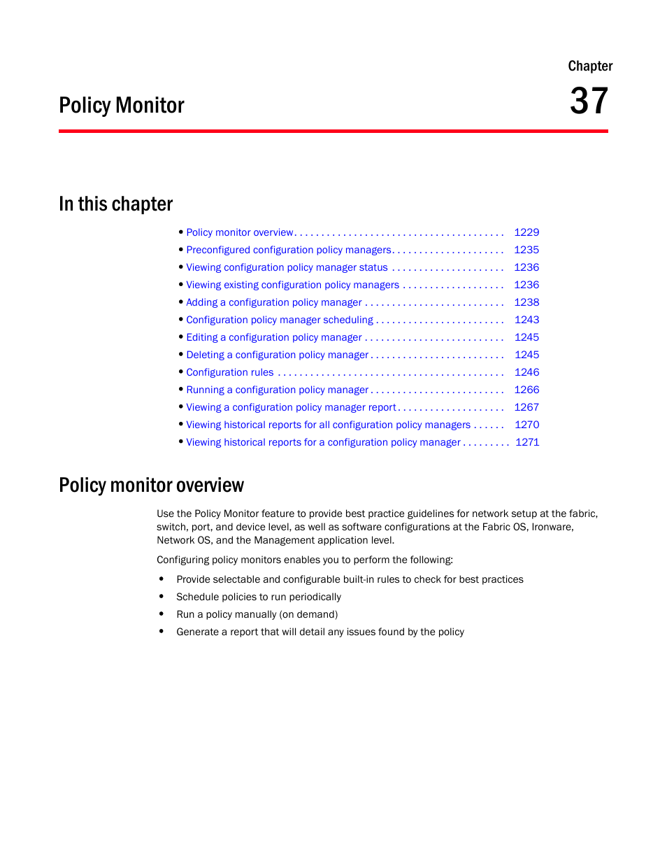 Policy monitor, Policy monitor overview, Chapter 37 | Chapter 37, “policy monitor | Brocade Network Advisor IP User Manual v12.3.0 User Manual | Page 1281 / 1928