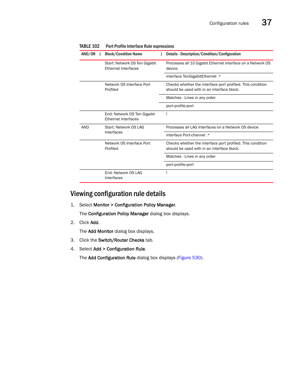 Viewing configuration rule details, Table 102 | Brocade Network Advisor IP User Manual v12.3.0 User Manual | Page 1299 / 1928