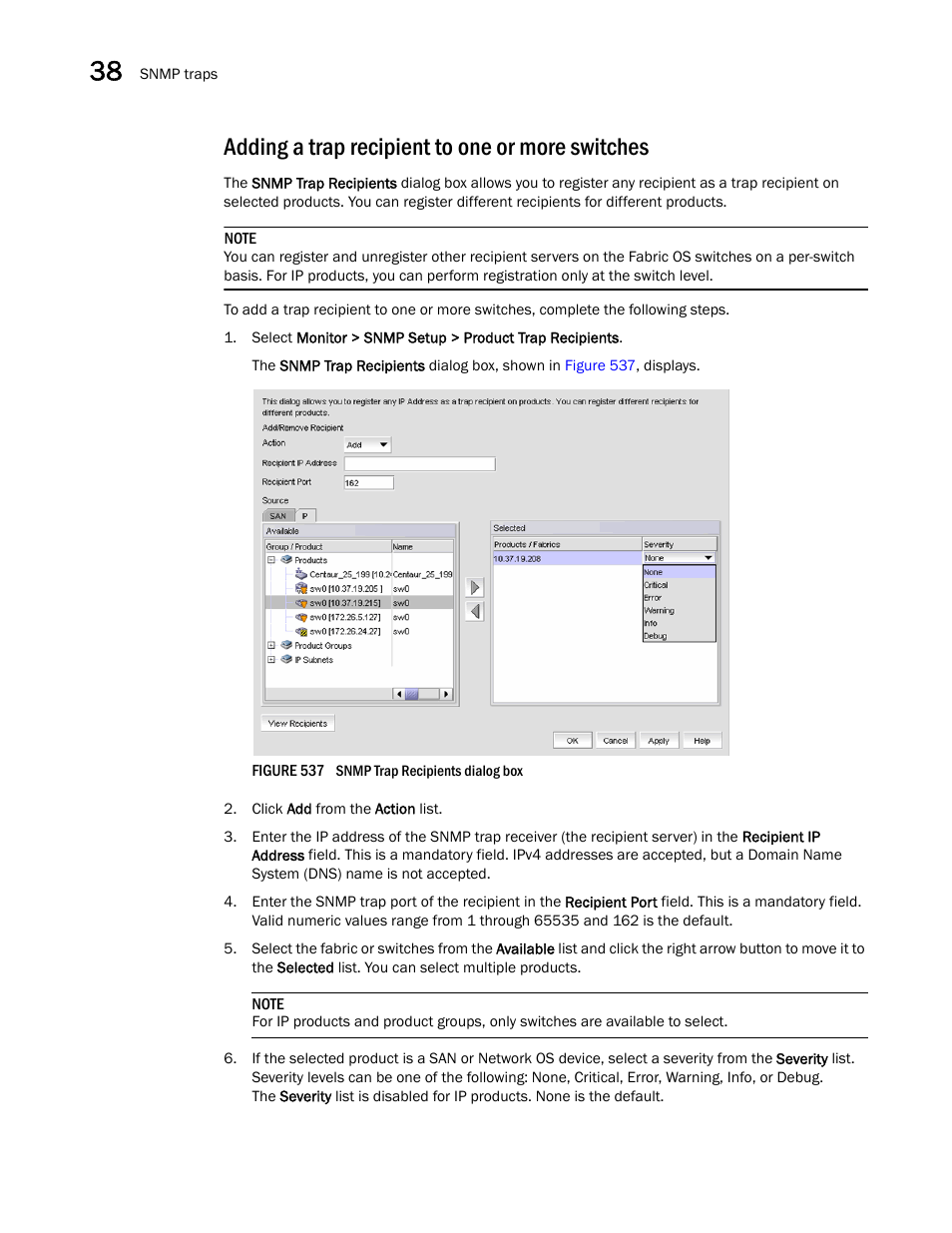 Adding a trap recipient to one or more switches, Adding a trap recipient, To one or more switches | Adding a trap, Recipient to one or more switches | Brocade Network Advisor IP User Manual v12.3.0 User Manual | Page 1332 / 1928