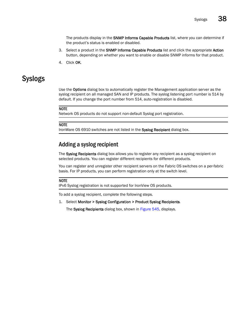 Syslogs, Adding a syslog recipient, Syslogs 3 | Brocade Network Advisor IP User Manual v12.3.0 User Manual | Page 1345 / 1928