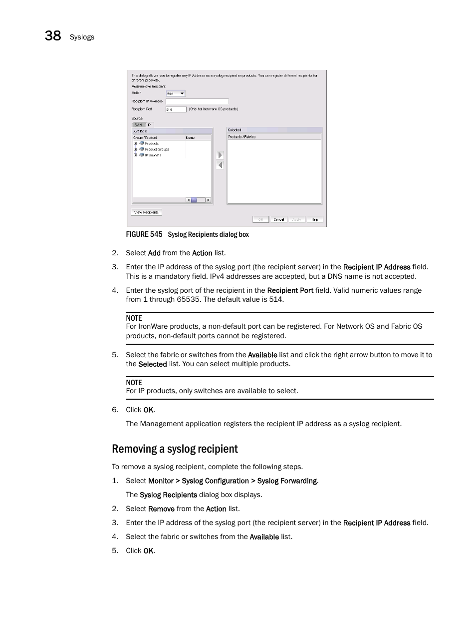 Removing a syslog recipient | Brocade Network Advisor IP User Manual v12.3.0 User Manual | Page 1346 / 1928