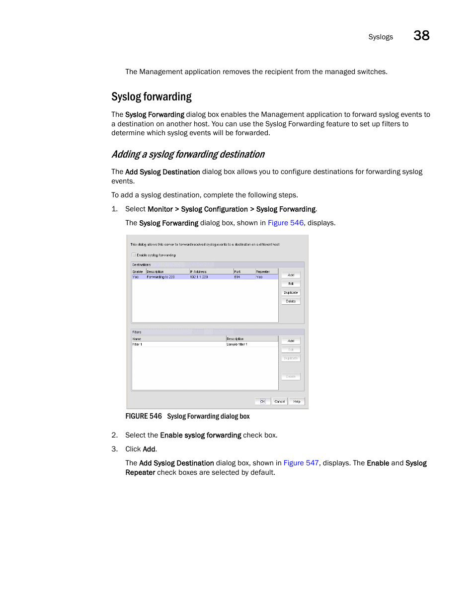 Syslog forwarding, Adding a syslog forwarding destination | Brocade Network Advisor IP User Manual v12.3.0 User Manual | Page 1347 / 1928