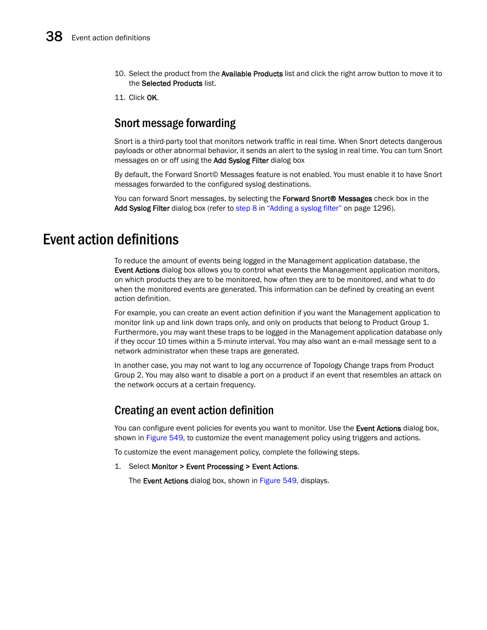 Snort message forwarding, Event action definitions, Creating an event action definition | Creating an, Event action definition, Event action definitions 8 | Brocade Network Advisor IP User Manual v12.3.0 User Manual | Page 1350 / 1928