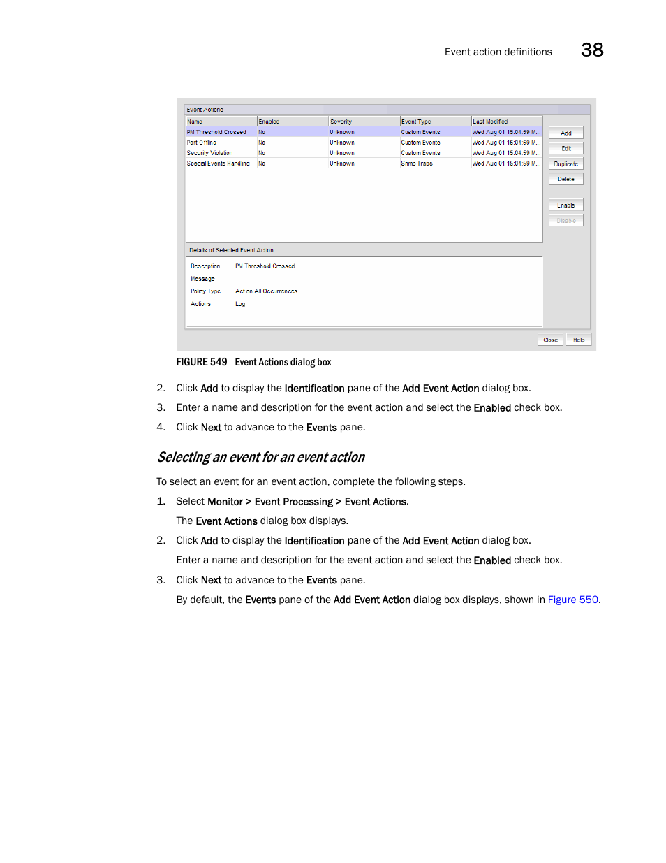 Figure 549, Selecting an event for an event action | Brocade Network Advisor IP User Manual v12.3.0 User Manual | Page 1351 / 1928