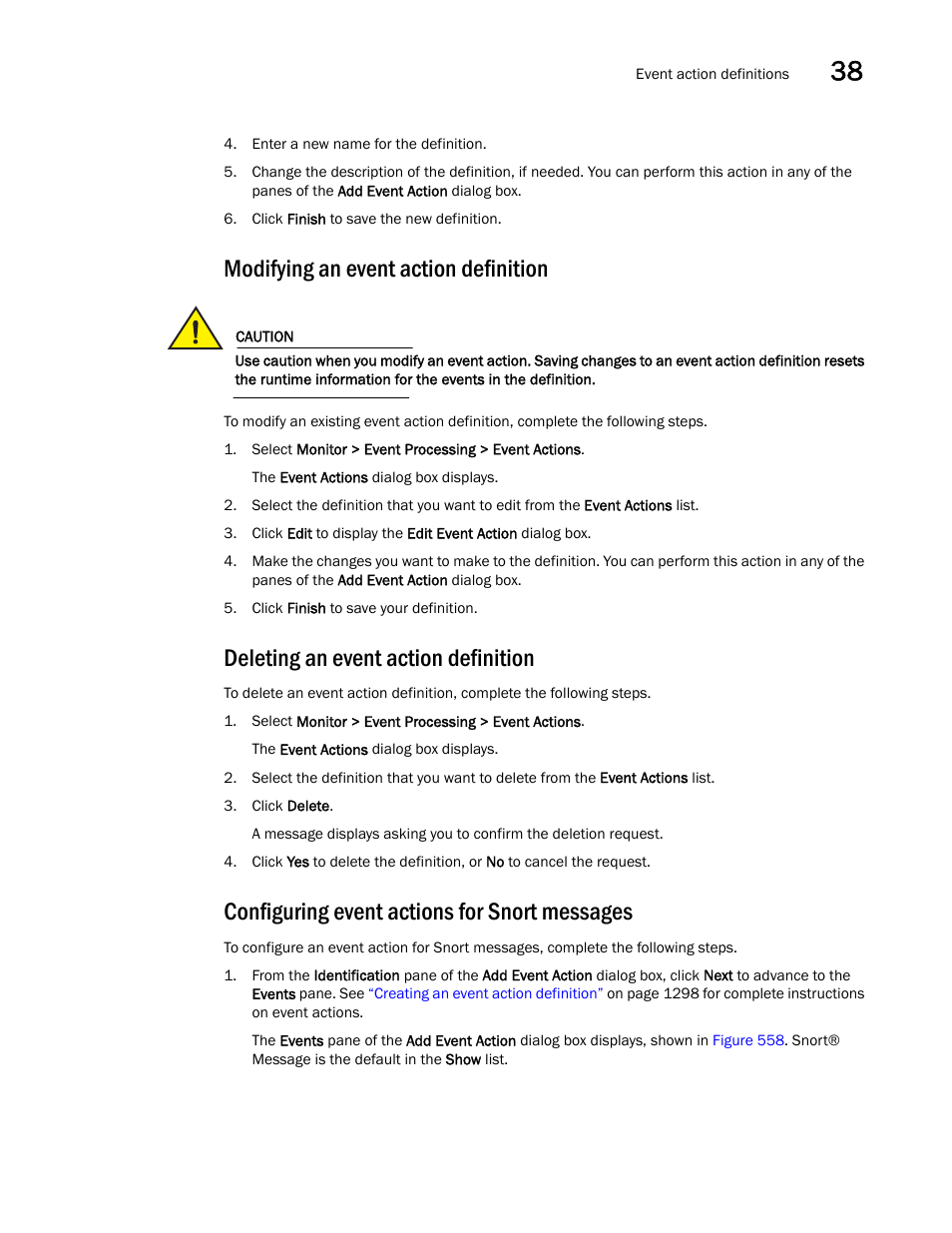 Modifying an event action definition, Deleting an event action definition, Configuring event actions for snort messages | Brocade Network Advisor IP User Manual v12.3.0 User Manual | Page 1365 / 1928