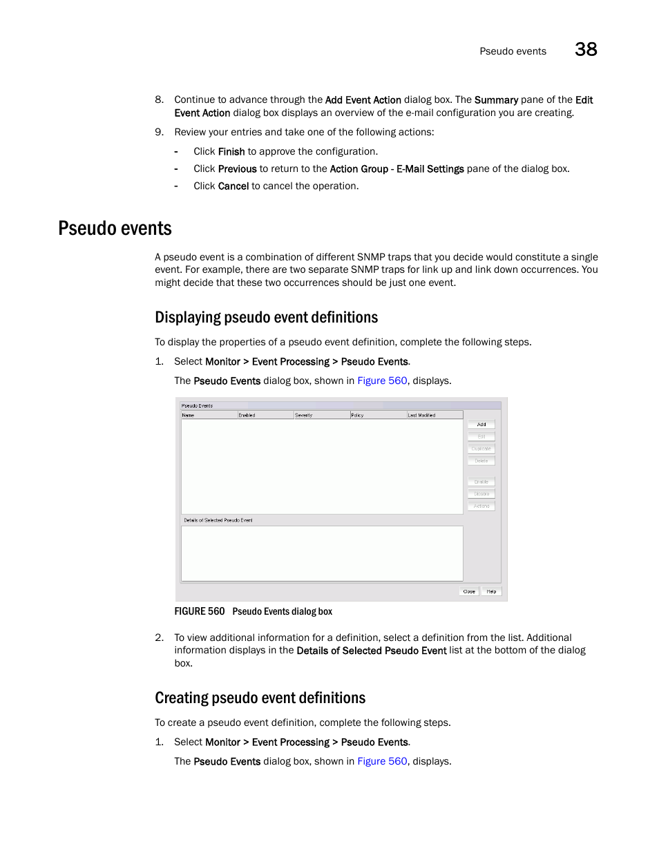 Pseudo events, Displaying pseudo event definitions, Creating pseudo event definitions | Pseudo events 5 | Brocade Network Advisor IP User Manual v12.3.0 User Manual | Page 1367 / 1928