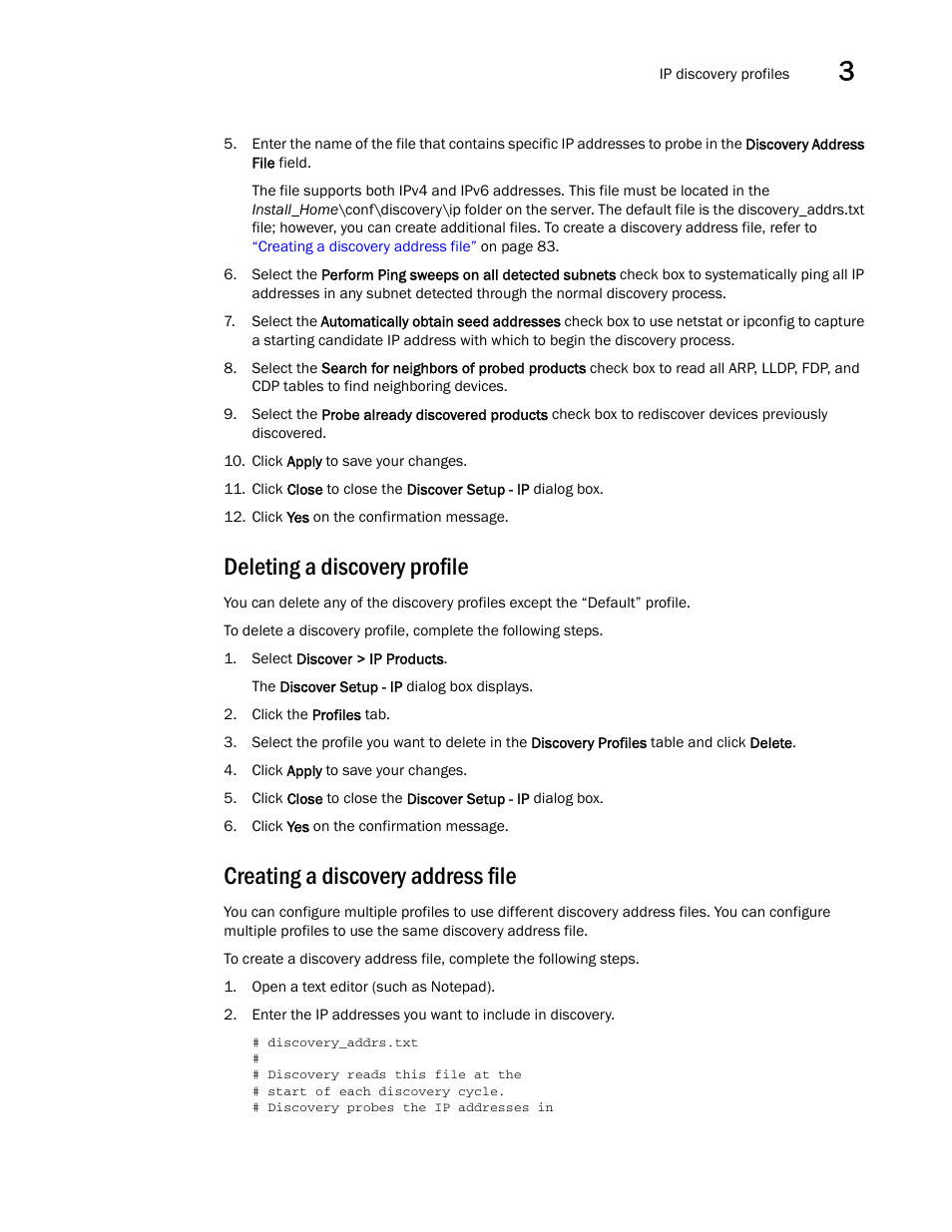 Deleting a discovery profile, Creating a discovery address file | Brocade Network Advisor IP User Manual v12.3.0 User Manual | Page 137 / 1928