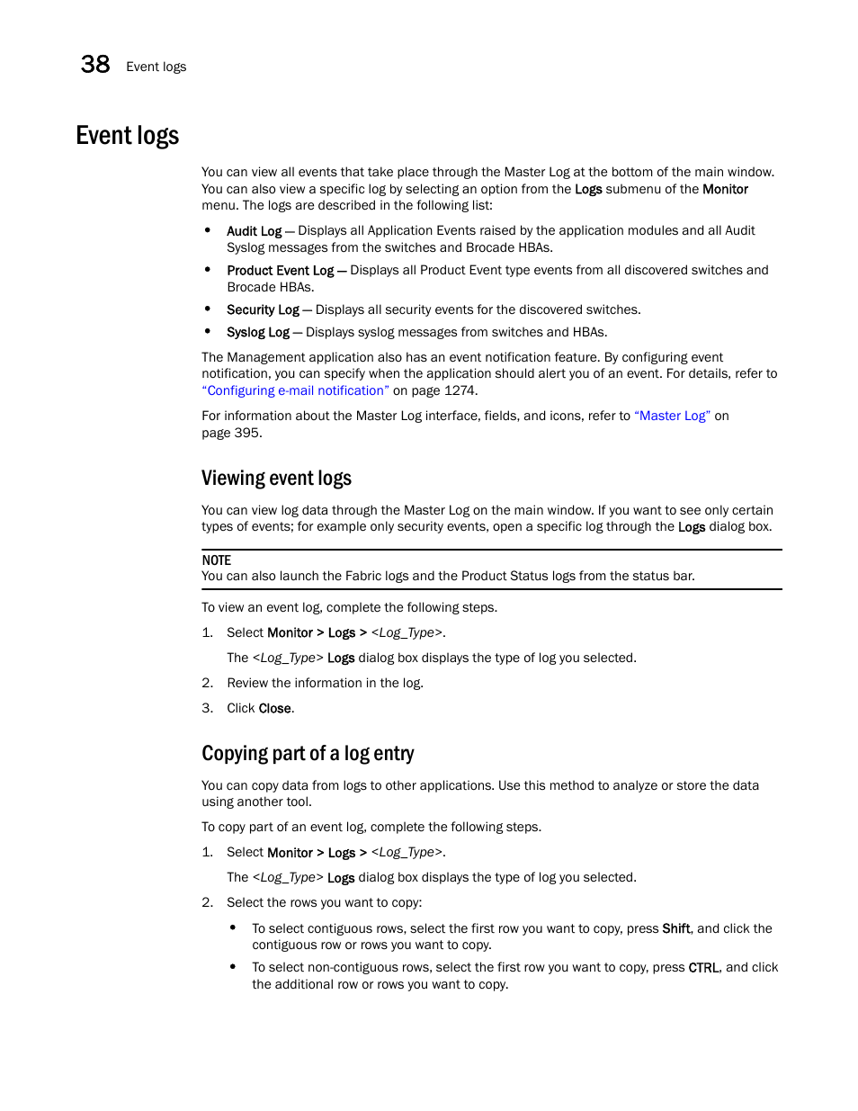 Event logs, Viewing event logs, Copying part of a log entry | Event logs 8 | Brocade Network Advisor IP User Manual v12.3.0 User Manual | Page 1390 / 1928