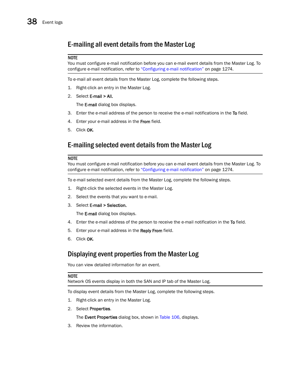 E-mailing all event details from the master log, Displaying event properties from the master log, Displaying | Event properties from the master log | Brocade Network Advisor IP User Manual v12.3.0 User Manual | Page 1392 / 1928