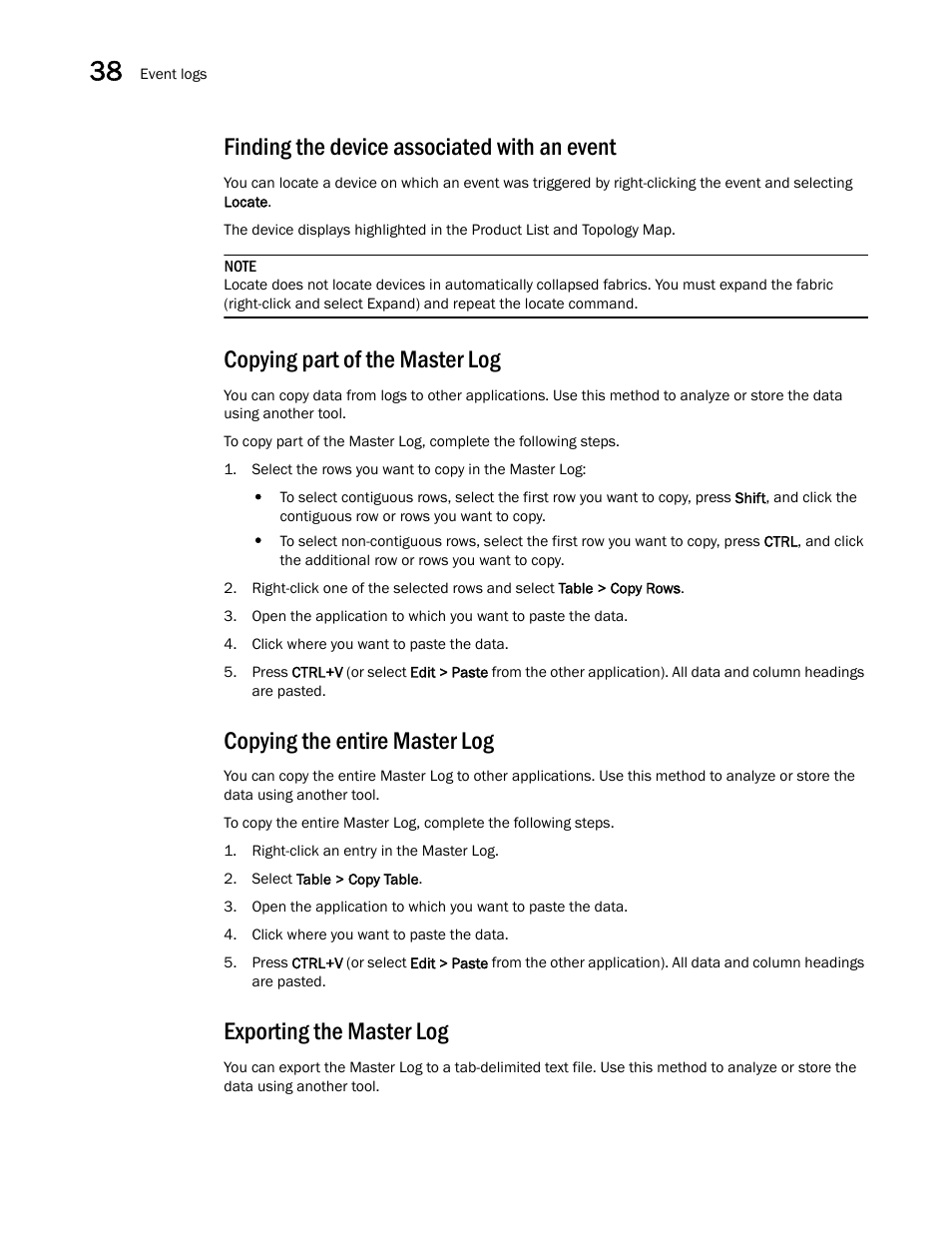 Finding the device associated with an event, Copying part of the master log, Copying the entire master log | Exporting the master log | Brocade Network Advisor IP User Manual v12.3.0 User Manual | Page 1394 / 1928