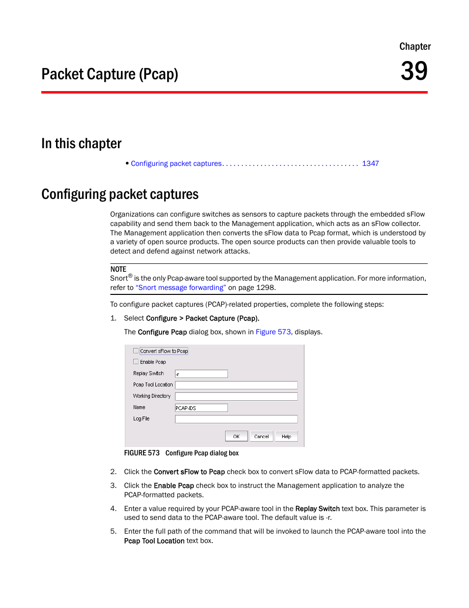 Packet capture (pcap), Configuring packet captures, Chapter 39 | Chapter 39, “packet capture (pcap) | Brocade Network Advisor IP User Manual v12.3.0 User Manual | Page 1399 / 1928