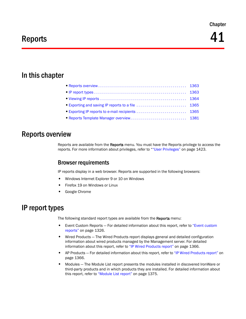 Reports, Reports overview, Ip report types | Chapter 41, Chapter 41, “reports, Browser requirements | Brocade Network Advisor IP User Manual v12.3.0 User Manual | Page 1415 / 1928