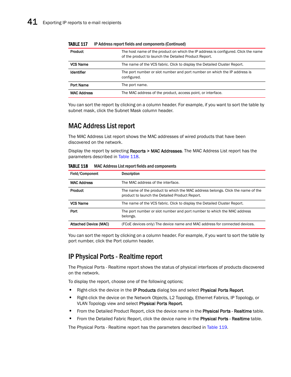 Mac address list report, Ip physical ports - realtime report, Address list report | Brocade Network Advisor IP User Manual v12.3.0 User Manual | Page 1430 / 1928