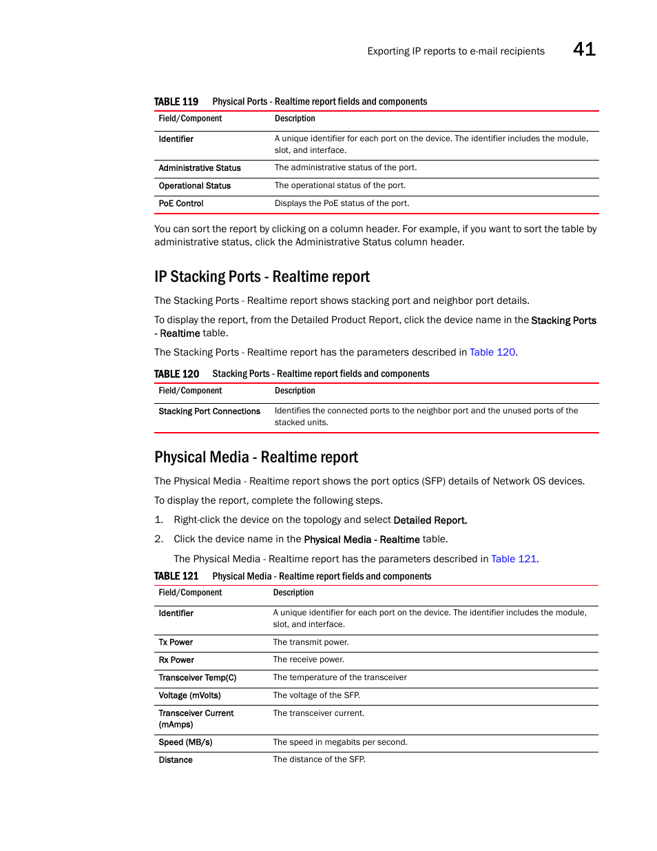 Ip stacking ports - realtime report, Physical media - realtime report, Ip stacking ports - realtime | Report | Brocade Network Advisor IP User Manual v12.3.0 User Manual | Page 1431 / 1928