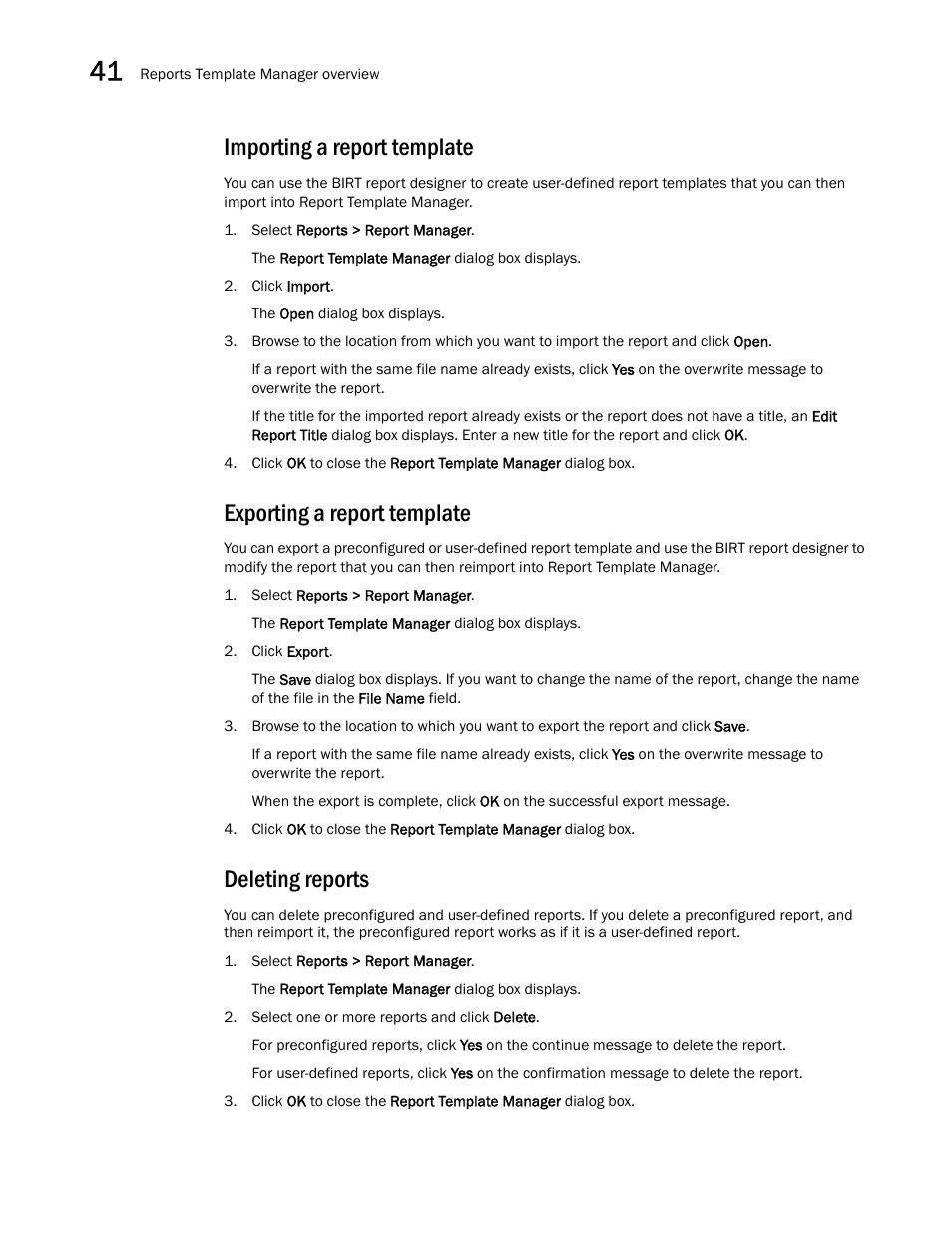 Importing a report template, Exporting a report template, Deleting reports | Brocade Network Advisor IP User Manual v12.3.0 User Manual | Page 1436 / 1928