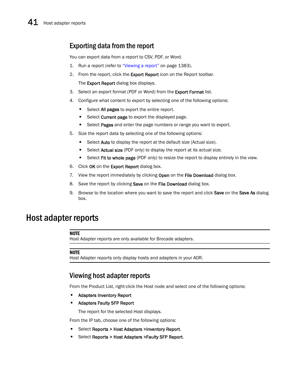 Exporting data from the report, Host adapter reports, Viewing host adapter reports | Brocade Network Advisor IP User Manual v12.3.0 User Manual | Page 1446 / 1928