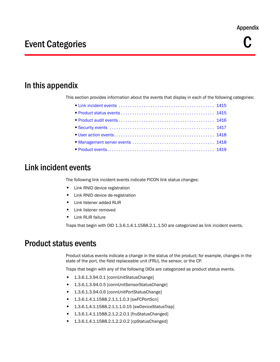 Event categories, Link incident events, Product status events | Appendix c, Appendix c, “event categories, Ed in | Brocade Network Advisor IP User Manual v12.3.0 User Manual | Page 1467 / 1928