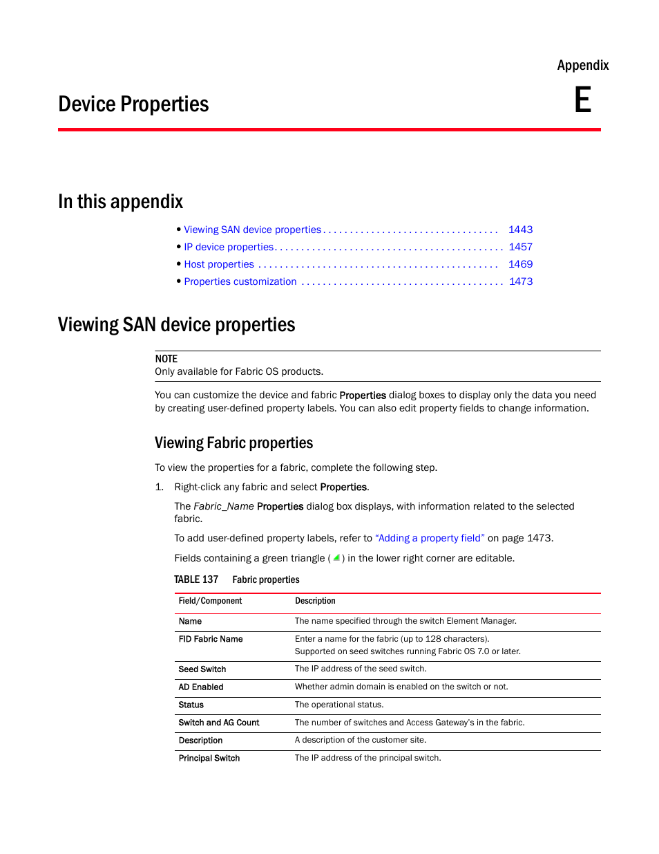 Device properties, Viewing san device properties, Appendix e | Appendix e, “device properties, Viewing fabric properties, Appendix | Brocade Network Advisor IP User Manual v12.3.0 User Manual | Page 1495 / 1928