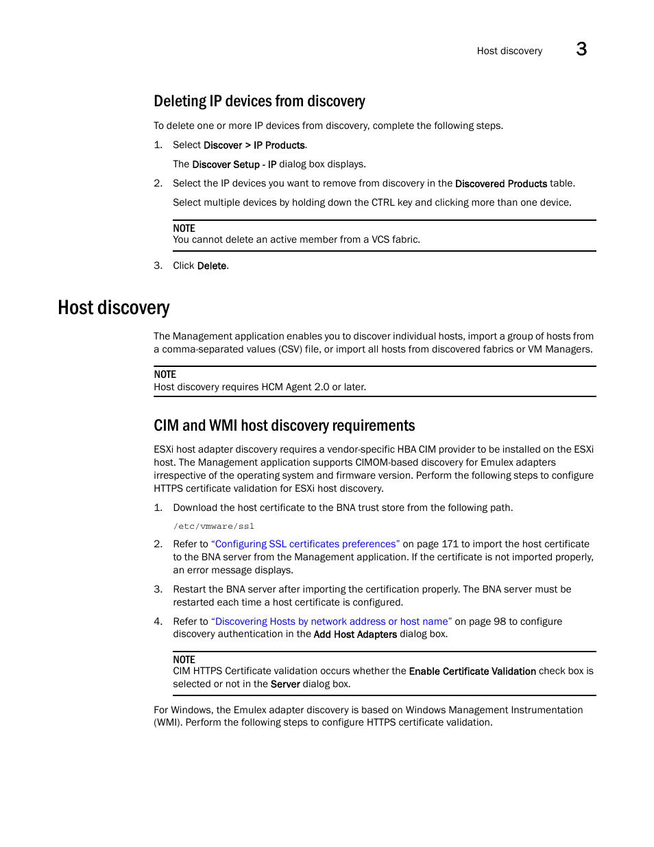 Deleting ip devices from discovery, Host discovery, Cim and wmi host discovery requirements | Deleting ip devices from, Discovery | Brocade Network Advisor IP User Manual v12.3.0 User Manual | Page 151 / 1928