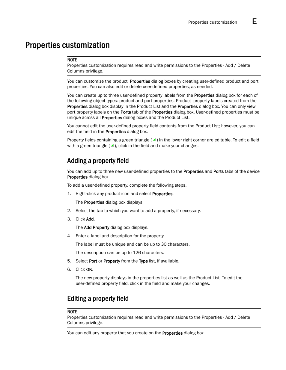 Properties customization, Properties customization 3, Adding a property field | Adding a, Property field, Editing a, Editing a property field | Brocade Network Advisor IP User Manual v12.3.0 User Manual | Page 1525 / 1928