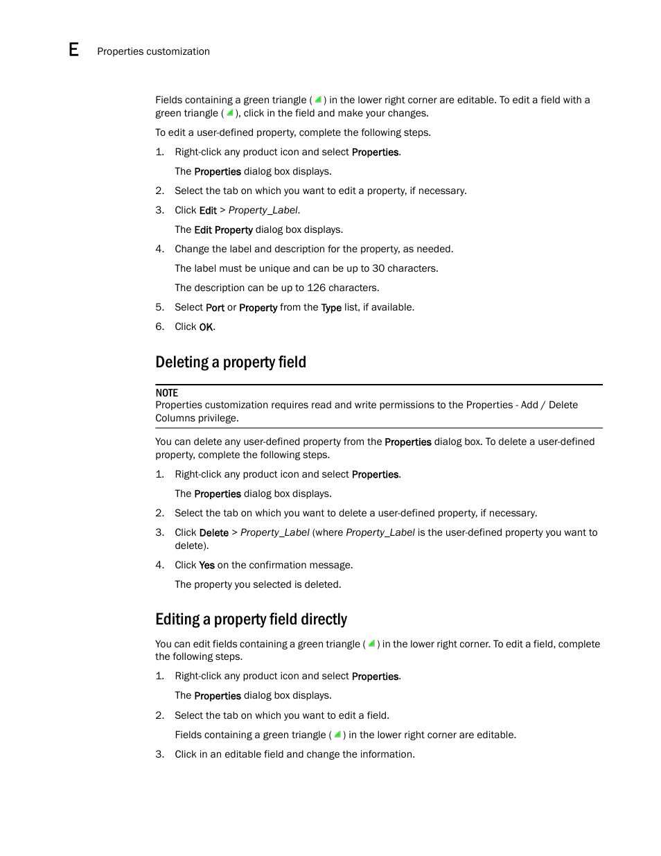 Deleting a property field, Editing a property field directly, Deleting | A property field | Brocade Network Advisor IP User Manual v12.3.0 User Manual | Page 1526 / 1928