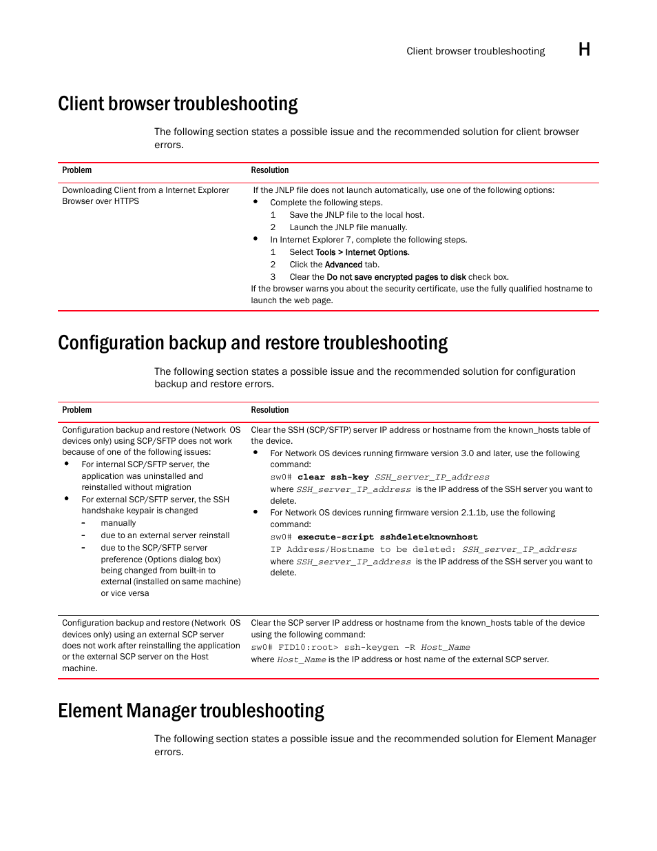 Client browser troubleshooting, Configuration backup and restore troubleshooting, Element manager troubleshooting | Client browser troubleshooting 3, Configuration backup and restore troubleshooting 3, Element manager troubleshooting 3 | Brocade Network Advisor IP User Manual v12.3.0 User Manual | Page 1555 / 1928