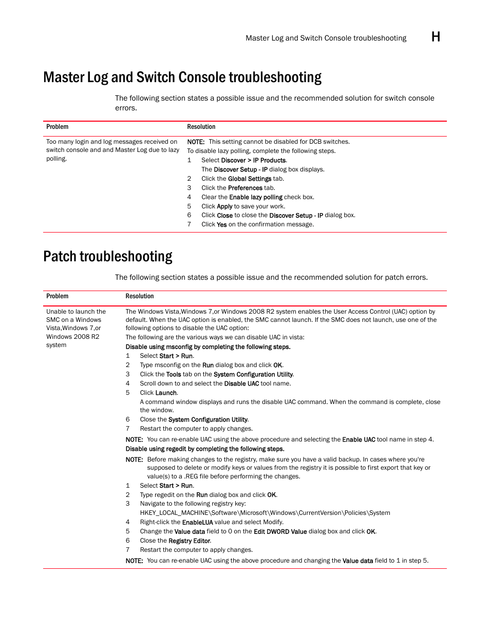 Master log and switch console troubleshooting, Patch troubleshooting, Master log and switch console troubleshooting 7 | Patch troubleshooting 7 | Brocade Network Advisor IP User Manual v12.3.0 User Manual | Page 1559 / 1928