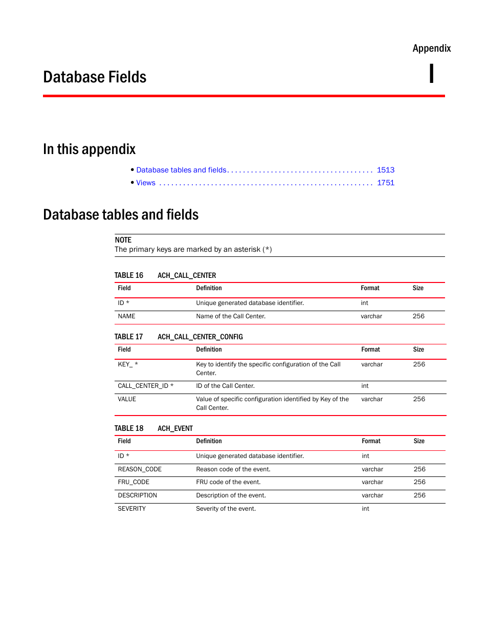 Database fields, Database tables and fields, Appendix i | Appendix i, “database fields, Appendix | Brocade Network Advisor IP User Manual v12.3.0 User Manual | Page 1565 / 1928