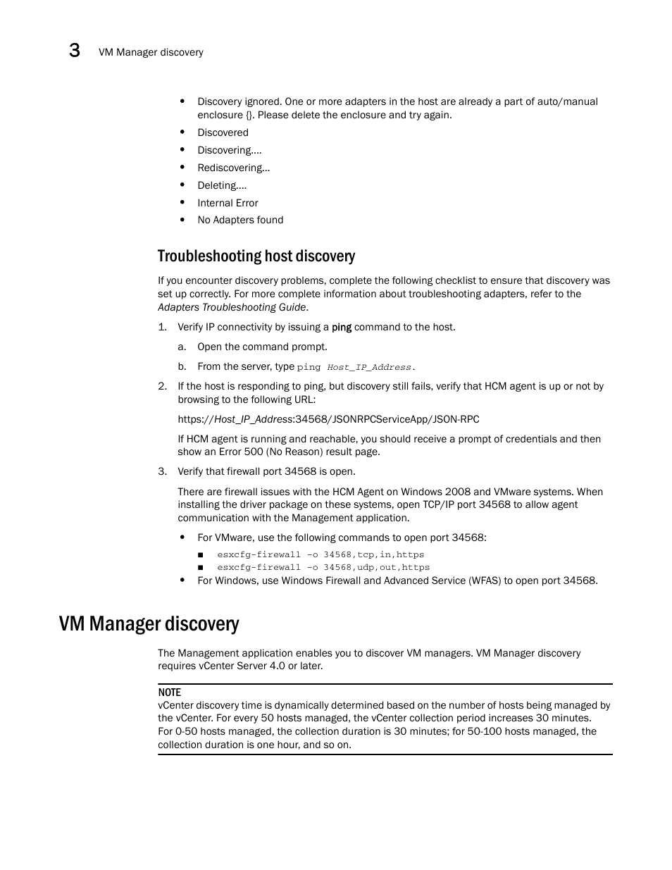 Troubleshooting host discovery, Vm manager discovery | Brocade Network Advisor IP User Manual v12.3.0 User Manual | Page 162 / 1928