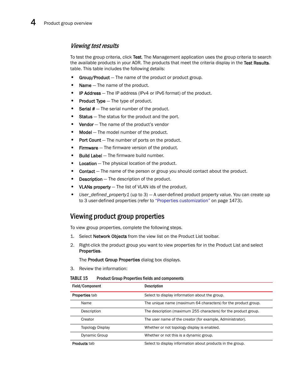 Viewing product group properties, Viewing test, Results | Viewing test results | Brocade Network Advisor IP User Manual v12.3.0 User Manual | Page 180 / 1928