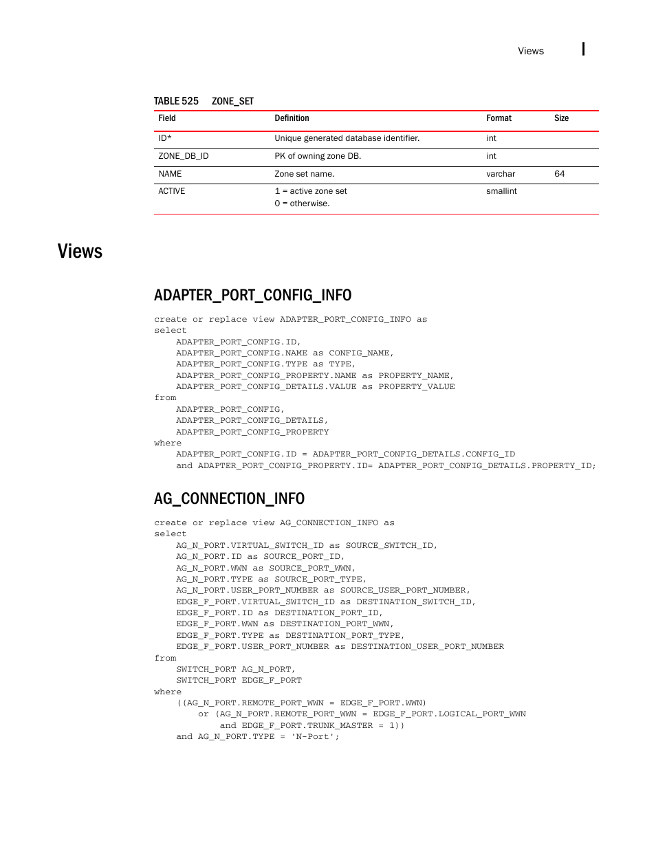 Views, Adapter_port_config_info, Ag_connection_info | Brocade Network Advisor IP User Manual v12.3.0 User Manual | Page 1803 / 1928