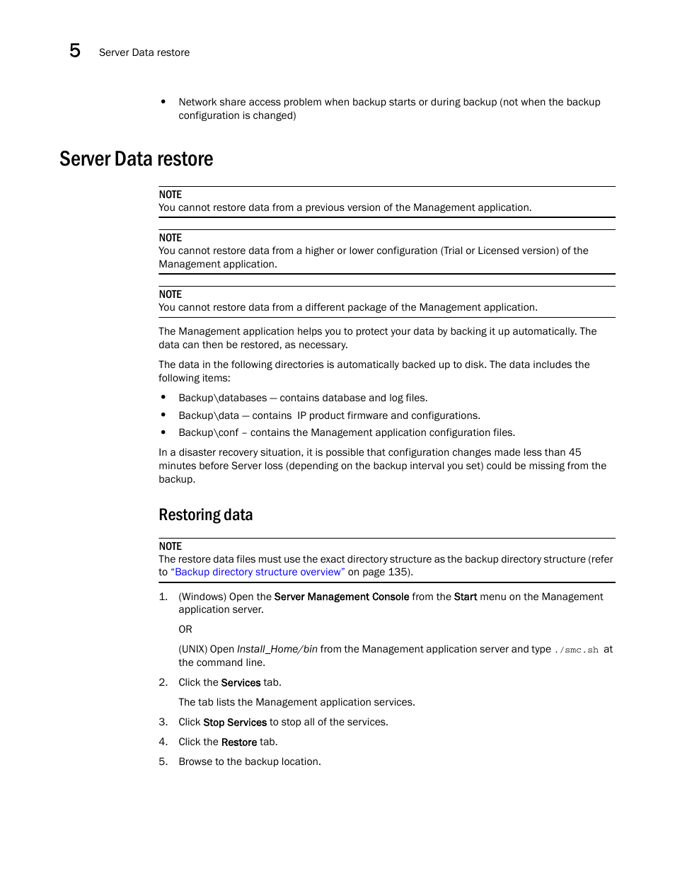 Server data restore, Restoring data | Brocade Network Advisor IP User Manual v12.3.0 User Manual | Page 194 / 1928