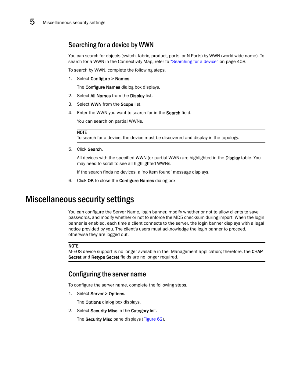 Searching for a device by wwn, Miscellaneous security settings, Configuring the server name | Brocade Network Advisor IP User Manual v12.3.0 User Manual | Page 210 / 1928