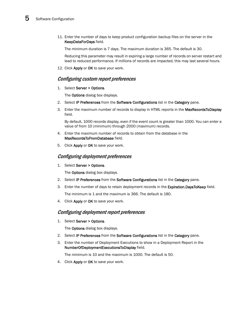 Configuring custom report preferences, Configuring deployment preferences, Configuring deployment report preferences | Brocade Network Advisor IP User Manual v12.3.0 User Manual | Page 222 / 1928