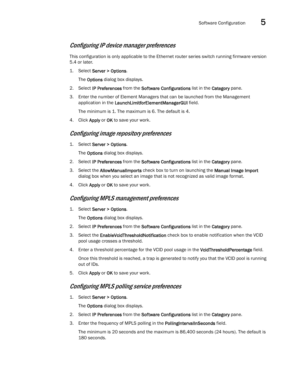 Configuring image repository preferences, Configuring mpls management preferences, Configuring mpls polling service preferences | Configuring ip device manager preferences | Brocade Network Advisor IP User Manual v12.3.0 User Manual | Page 223 / 1928