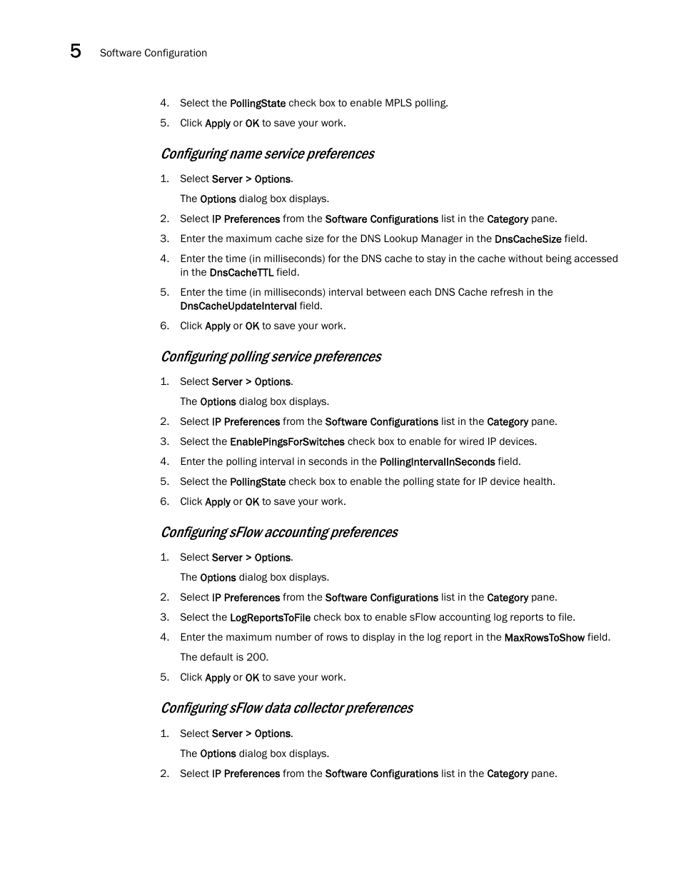 Configuring, Polling service preferences, Configuring polling service preferences | Configuring name service preferences, Configuring sflow accounting preferences, Configuring sflow data collector preferences | Brocade Network Advisor IP User Manual v12.3.0 User Manual | Page 224 / 1928