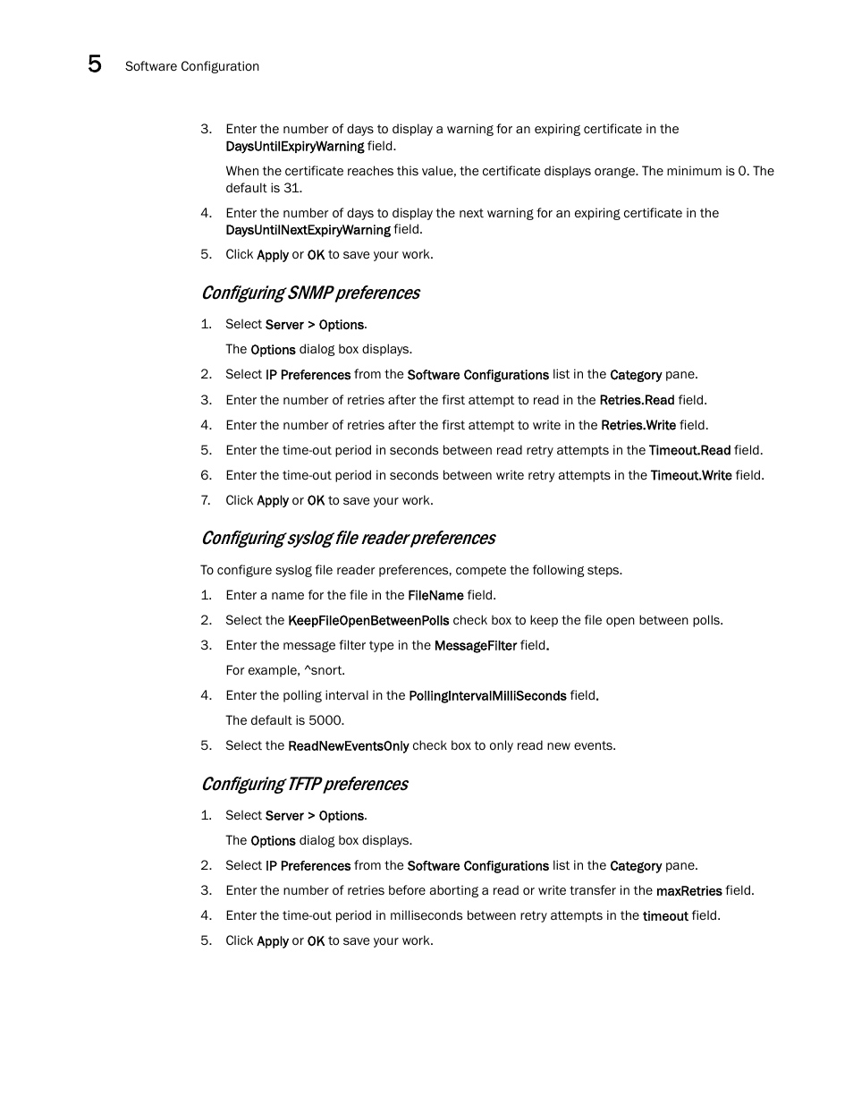 Configuring snmp preferences, Configuring syslog file reader preferences, Configuring tftp preferences | Brocade Network Advisor IP User Manual v12.3.0 User Manual | Page 226 / 1928