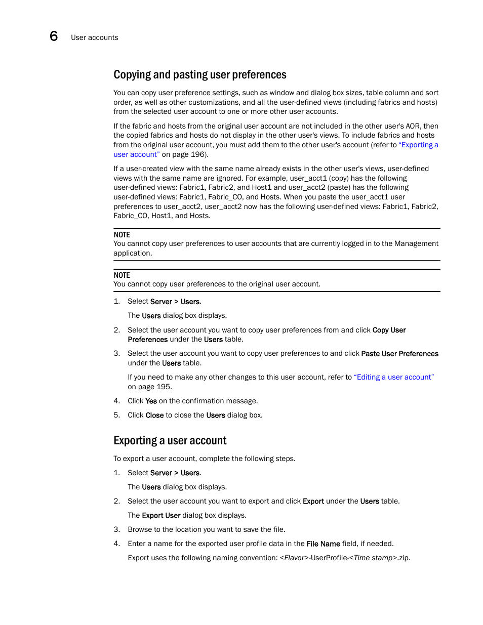 Copying and pasting user preferences, Exporting a user, Account | Exporting a user account | Brocade Network Advisor IP User Manual v12.3.0 User Manual | Page 250 / 1928