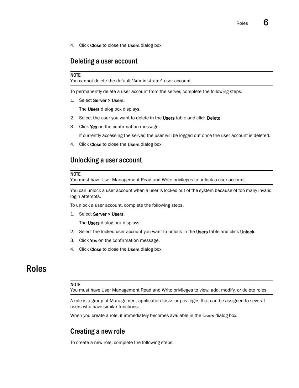 Deleting a user account, Unlocking a user account, Roles | Unlocking a user, Account, Creating a new role | Brocade Network Advisor IP User Manual v12.3.0 User Manual | Page 253 / 1928