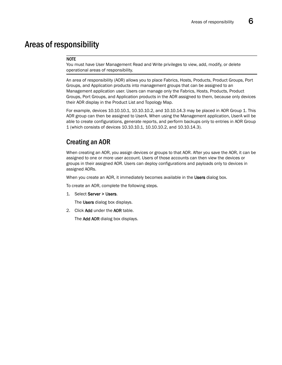 Areas of responsibility, Creating an aor | Brocade Network Advisor IP User Manual v12.3.0 User Manual | Page 257 / 1928