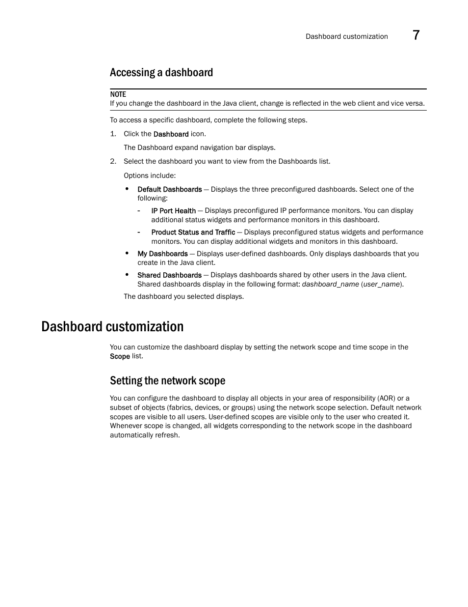 Accessing a dashboard, Dashboard customization, Setting the network scope | Brocade Network Advisor IP User Manual v12.3.0 User Manual | Page 275 / 1928