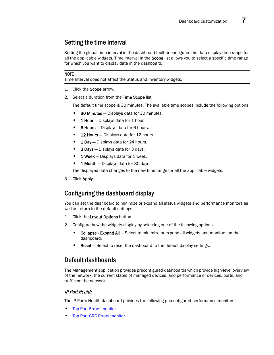 Setting the time interval, Configuring the dashboard display, Default dashboards | Ip port, Health | Brocade Network Advisor IP User Manual v12.3.0 User Manual | Page 277 / 1928