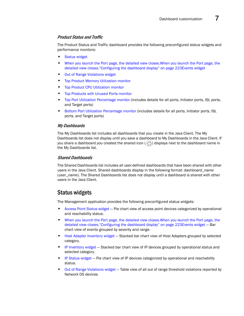 Status widgets, Product status and traffic | Brocade Network Advisor IP User Manual v12.3.0 User Manual | Page 279 / 1928