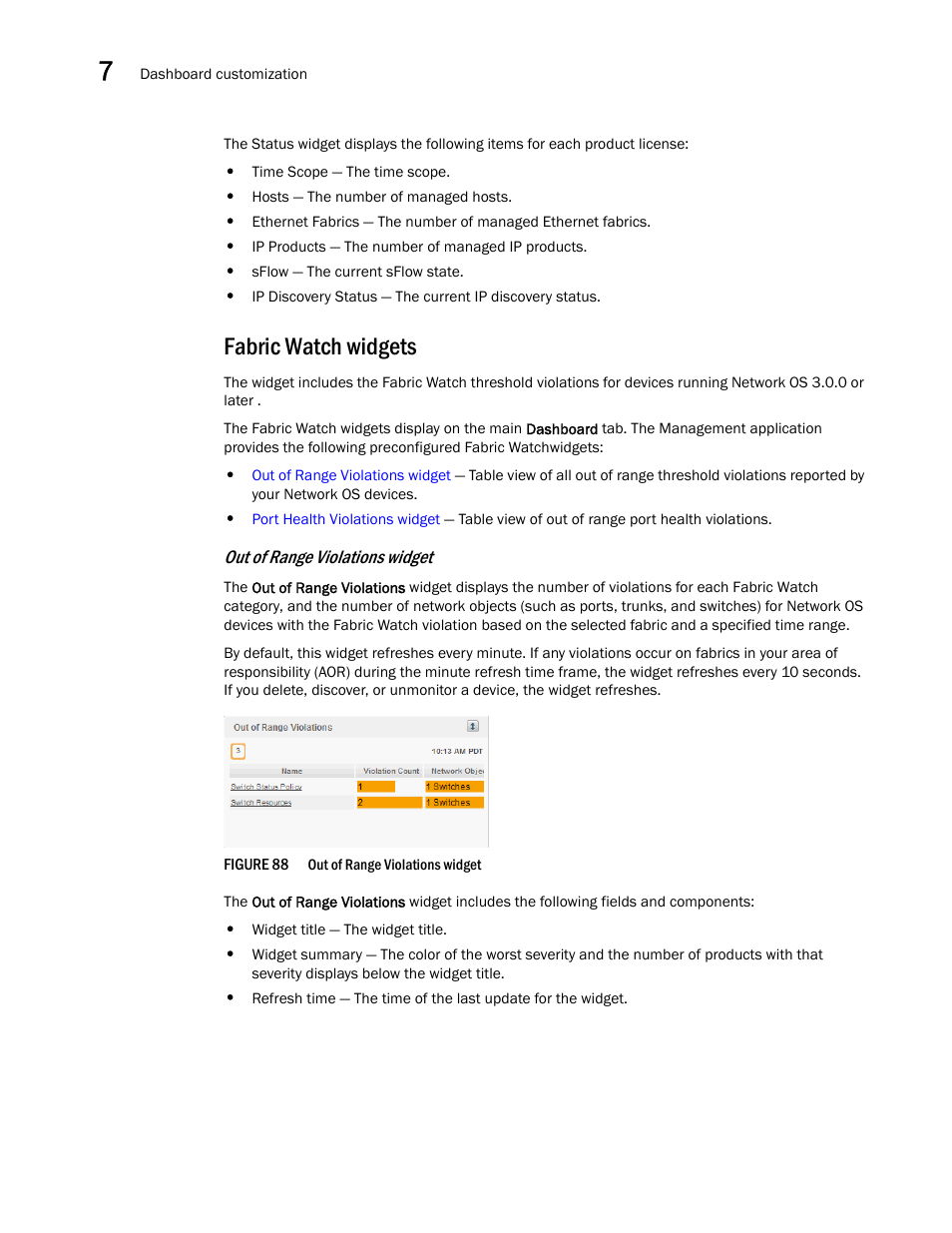 Fabric watch widgets, Configuring the dashboard display, Out of range violations widget | Brocade Network Advisor IP User Manual v12.3.0 User Manual | Page 286 / 1928