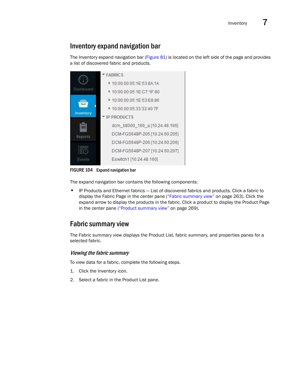 Inventory expand navigation bar, Fabric summary view | Brocade Network Advisor IP User Manual v12.3.0 User Manual | Page 317 / 1928