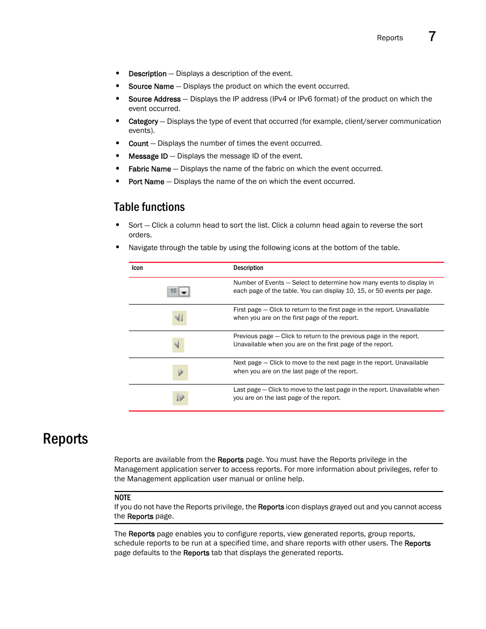 Table functions, Reports, Table | Functions | Brocade Network Advisor IP User Manual v12.3.0 User Manual | Page 335 / 1928