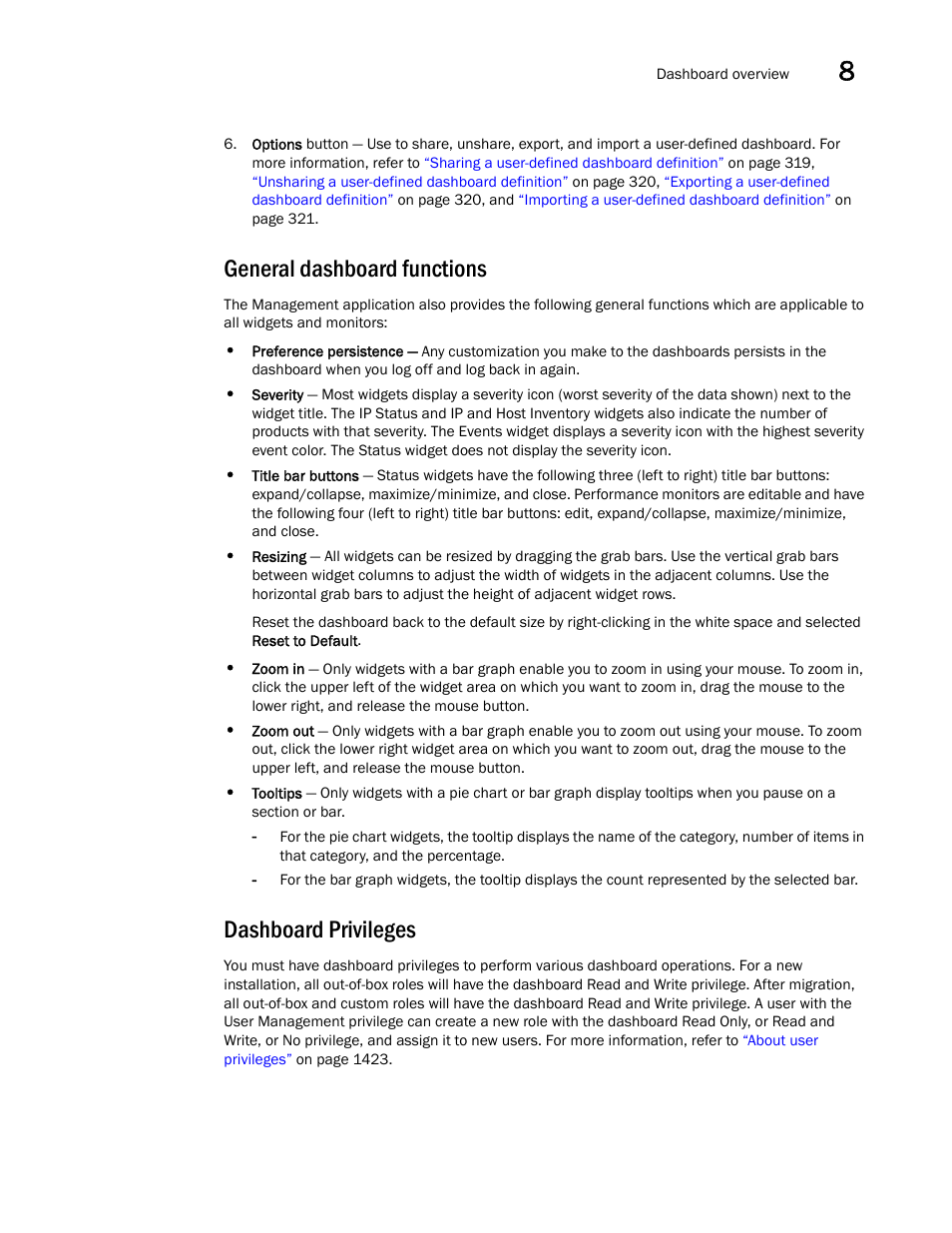 General dashboard functions, Dashboard privileges | Brocade Network Advisor IP User Manual v12.3.0 User Manual | Page 369 / 1928